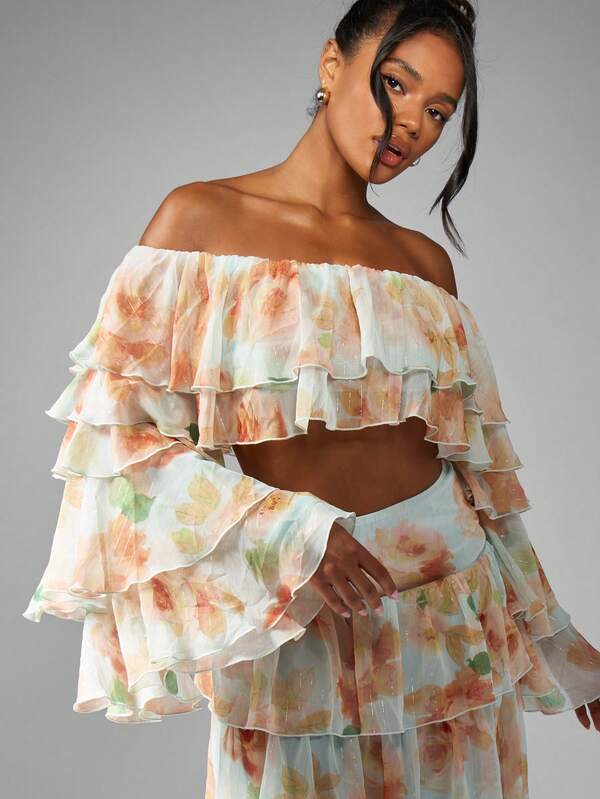 MISSGUIDED Floral Ruffle Tiered Off Shoulder Maxi Elegant Two Piece