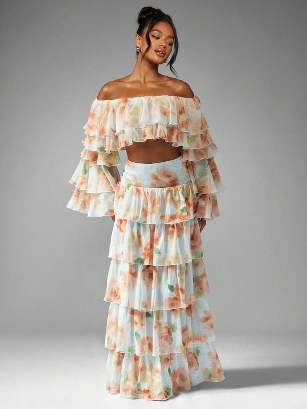 MISSGUIDED Floral Ruffle Tiered Off Shoulder Maxi Elegant Two Piece