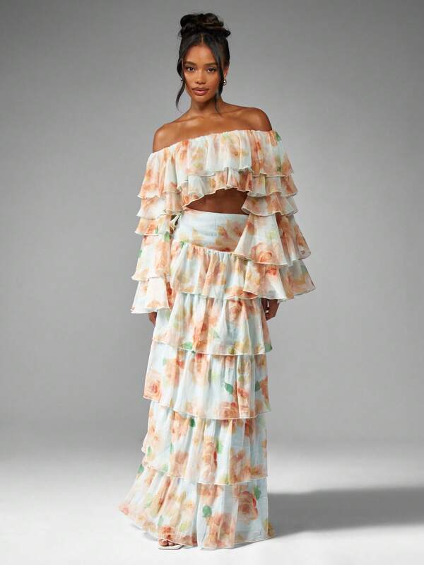MISSGUIDED Floral Ruffle Tiered Off Shoulder Maxi Elegant Two Piece