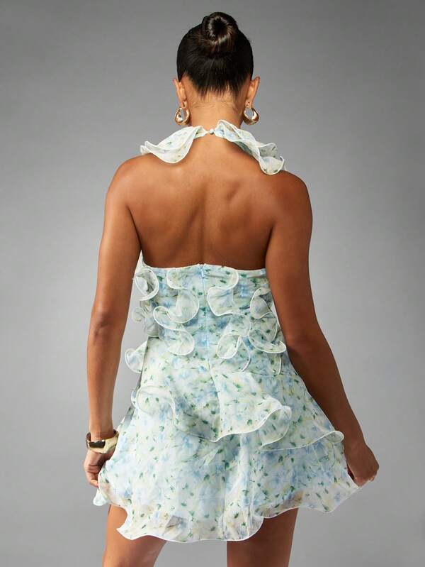 MISSGUIDED Floral Ruffled Halter Mini Dress With Layered Details