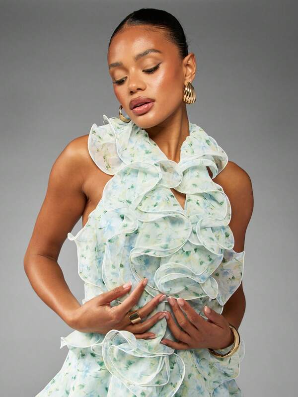 MISSGUIDED Floral Ruffled Halter Mini Dress With Layered Details