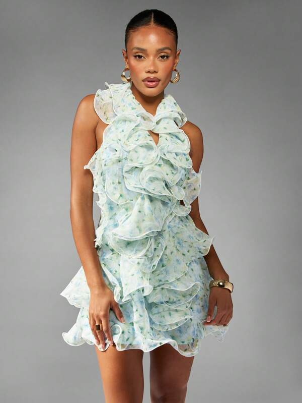 MISSGUIDED Floral Ruffled Halter Mini Dress With Layered Details