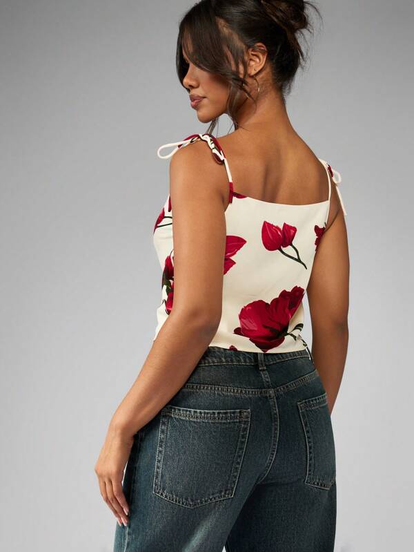 MISSGUIDED Floral Tie Shoulder Crop Tank Top