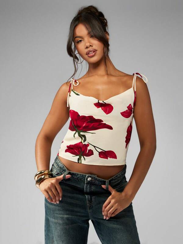 MISSGUIDED Floral Tie Shoulder Crop Tank Top