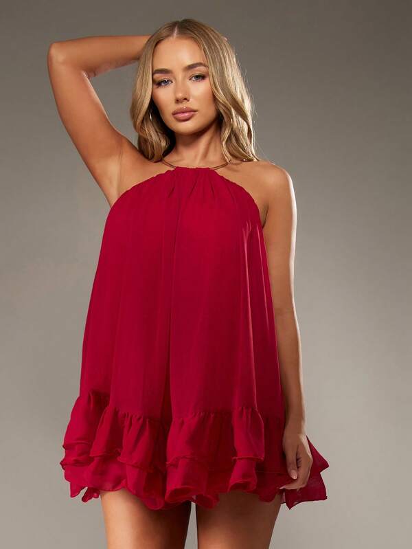 MISSGUIDED Flowing Chiffon Mini Dress With Gold Hardware Halter Neck