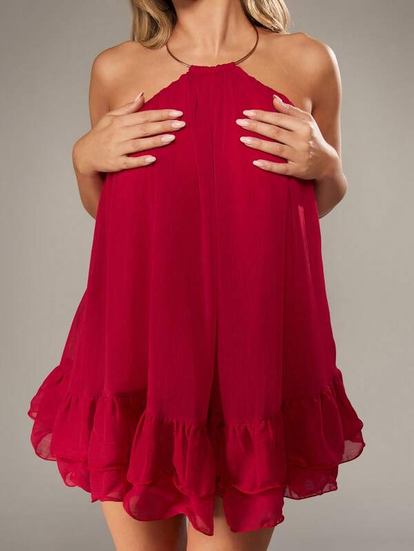 MISSGUIDED Flowing Chiffon Mini Dress With Gold Hardware Halter Neck