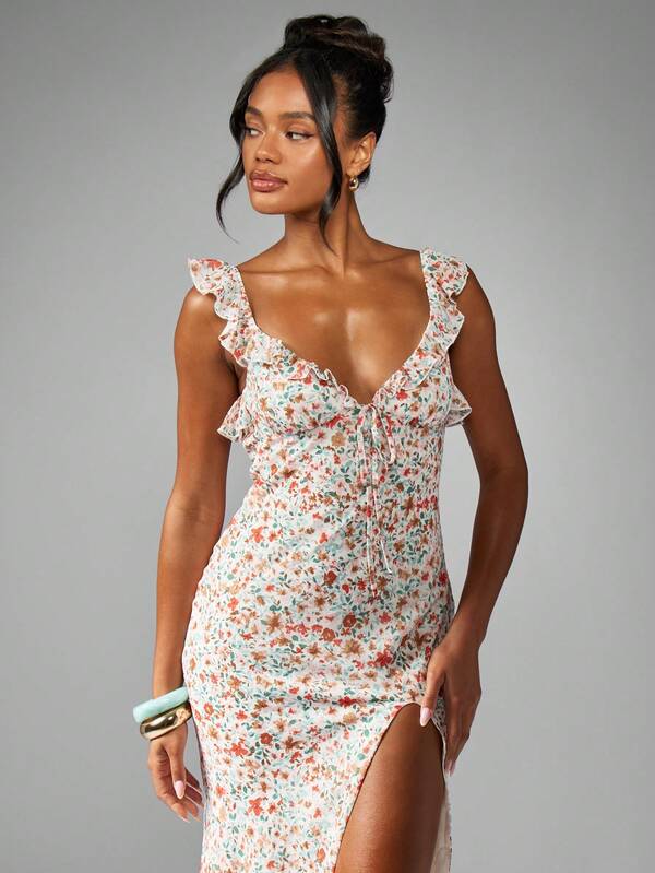 MISSGUIDED Flowing Floral Ruffle Strap Side Slit Sweetheart Neckline Define This Long Dress