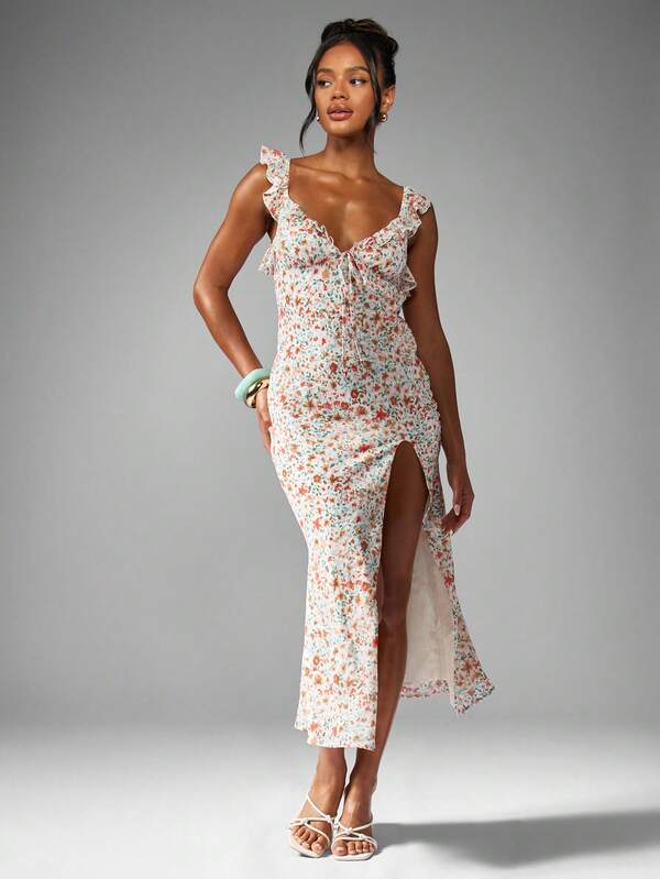 MISSGUIDED Flowing Floral Ruffle Strap Side Slit Sweetheart Neckline Define This Long Dress