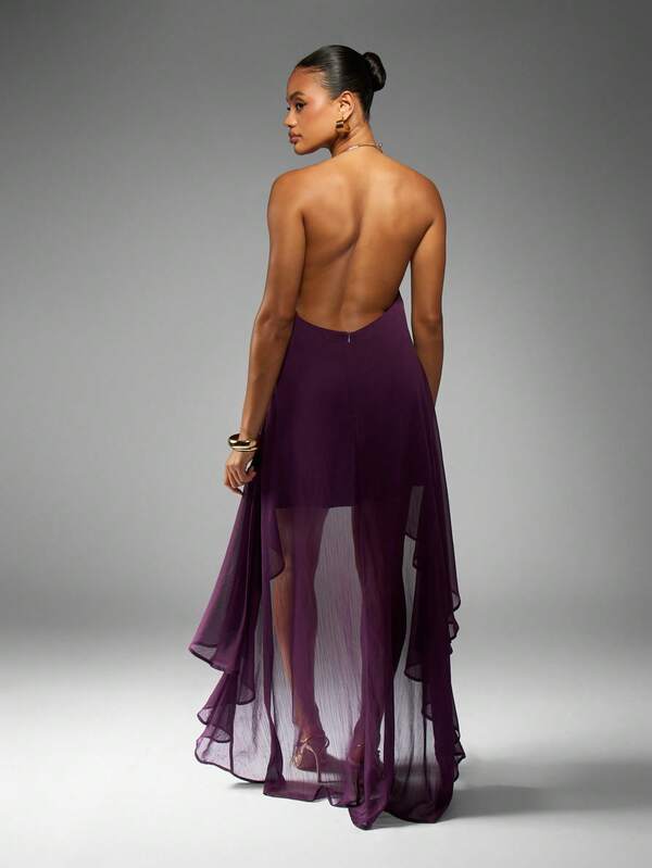 MISSGUIDED Flowing High Low Chiffon Halter Neck Maxi Dress
