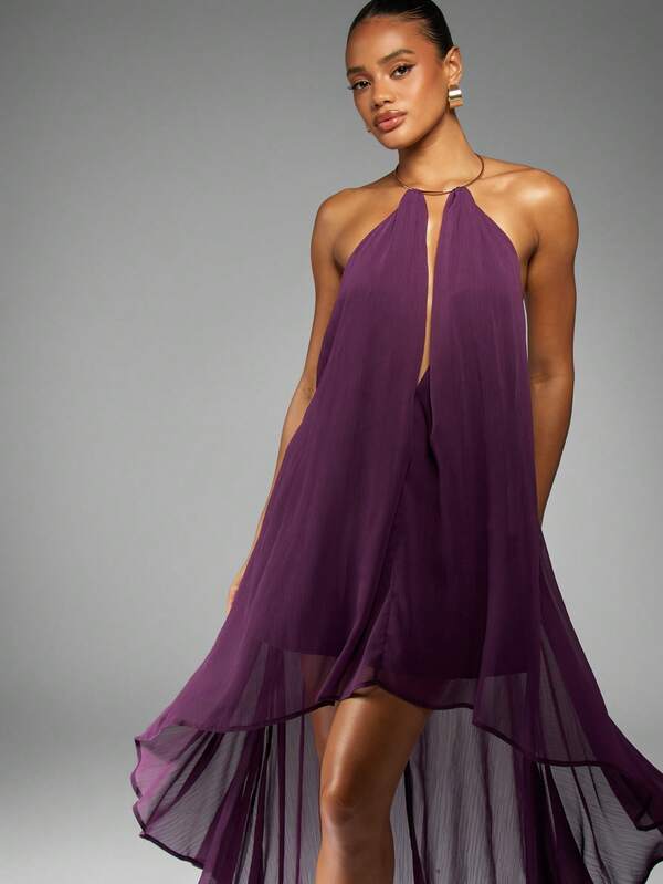 MISSGUIDED Flowing High Low Chiffon Halter Neck Maxi Dress