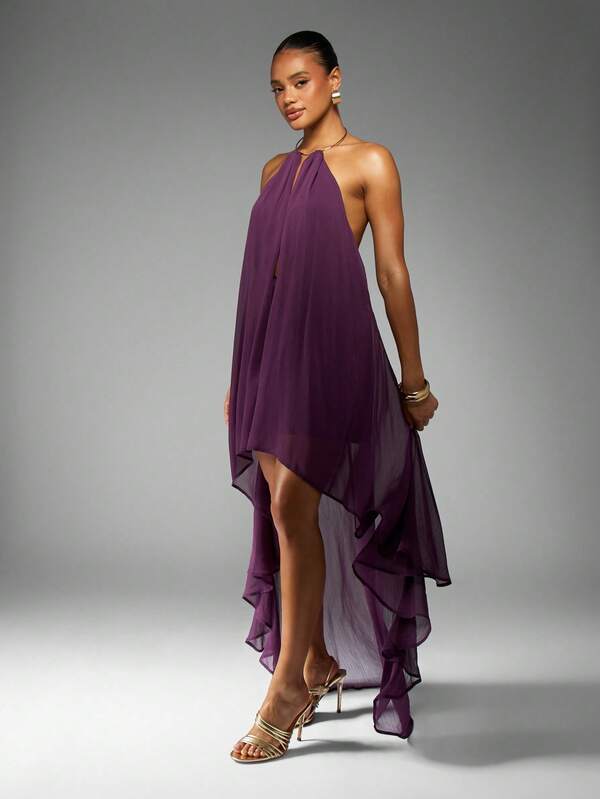 MISSGUIDED Flowing High Low Chiffon Halter Neck Maxi Dress
