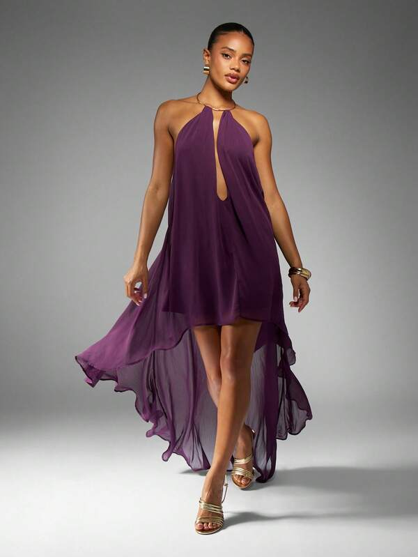 MISSGUIDED Flowing High Low Chiffon Halter Neck Maxi Dress