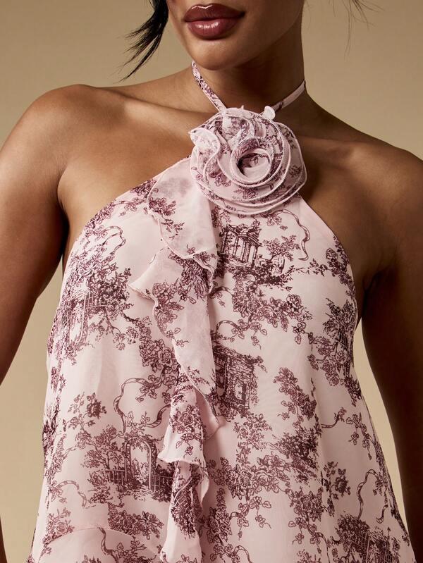 MISSGUIDED Flowy Ruffle Toile Print Halter Cami With Floral Accent