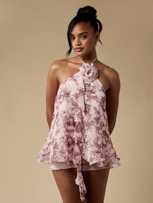 MISSGUIDED Flowy Ruffle Toile Print Halter Cami With Floral Accent