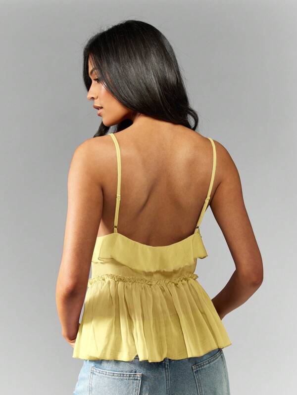 MISSGUIDED Flowy Ruffle Trim Chiffon Babydoll Peplum Sleeveless Sweetheart Neckline Tank Top