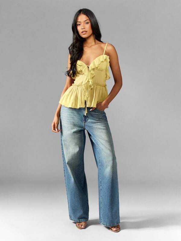 MISSGUIDED Flowy Ruffle Trim Chiffon Babydoll Peplum Sleeveless Sweetheart Neckline Tank Top