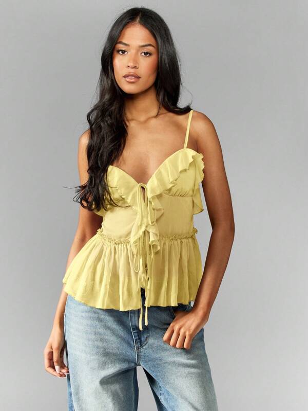 MISSGUIDED Flowy Ruffle Trim Chiffon Babydoll Peplum Sleeveless Sweetheart Neckline Tank Top