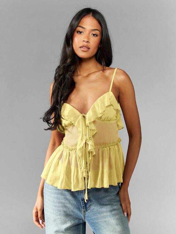 MISSGUIDED Flowy Ruffle Trim Chiffon Babydoll Peplum Sleeveless Sweetheart Neckline Tank Top