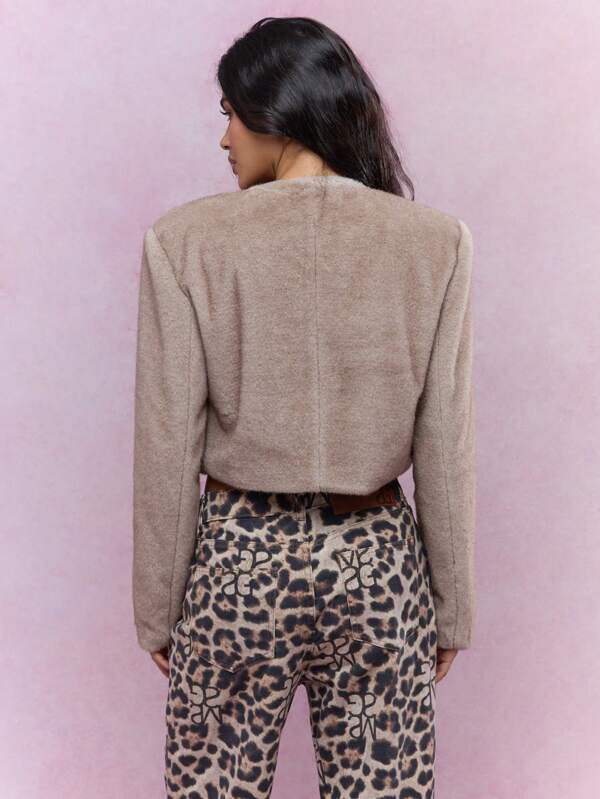 MISSGUIDED Fluffy Buttoned Long Sleeves Short Jacket With Pockets Winter Wear