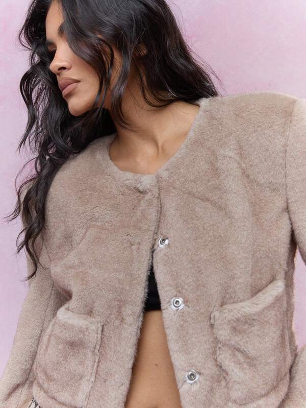 MISSGUIDED Fluffy Buttoned Long Sleeves Short Jacket With Pockets Winter Wear