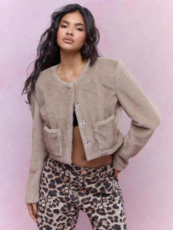 MISSGUIDED Fluffy Buttoned Long Sleeves Short Jacket With Pockets Winter Wear