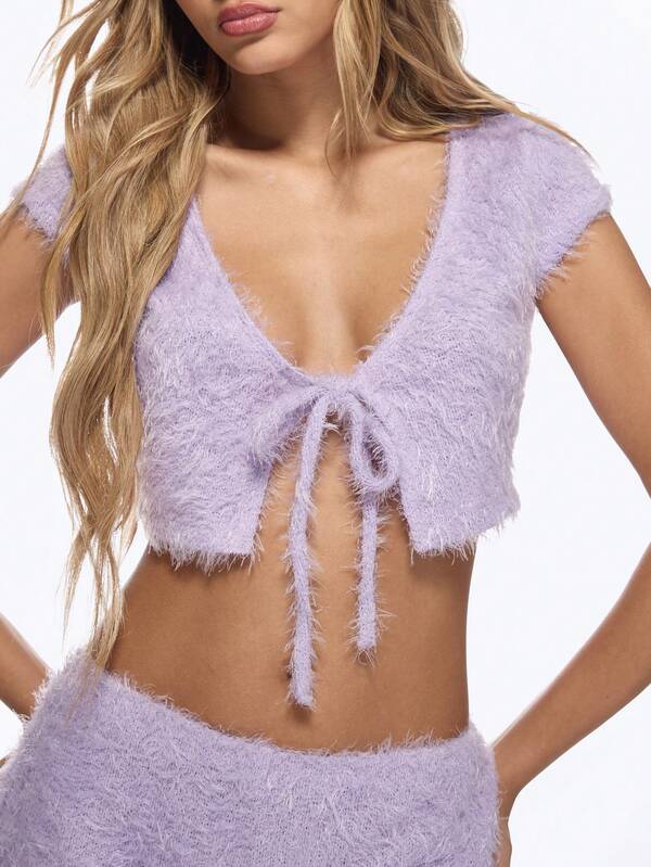 MISSGUIDED Fluffy Fuzzy Knit Two-Piece Outfits With Shorts