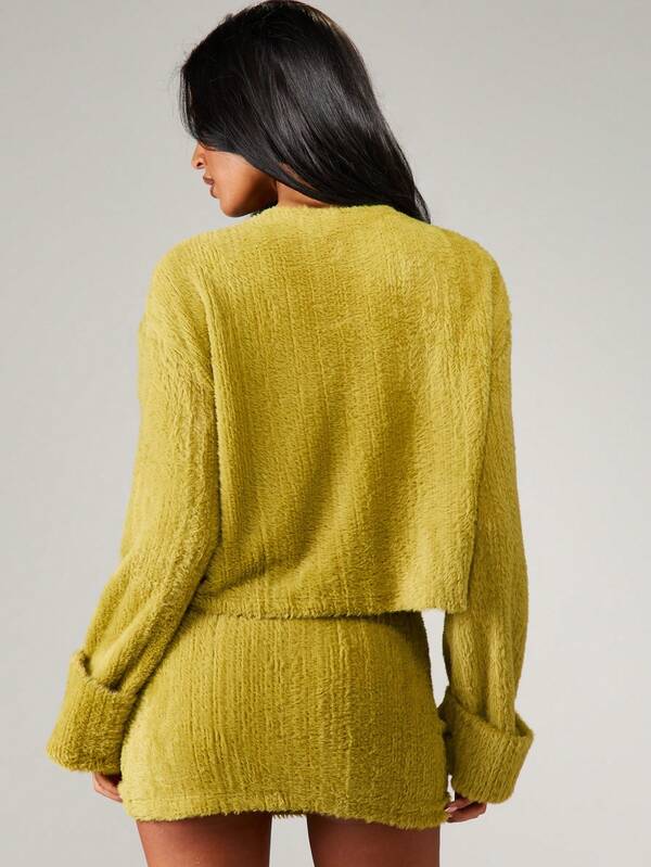 MISSGUIDED Fluffy Knit Button Front Cardigan With Mini Skirt