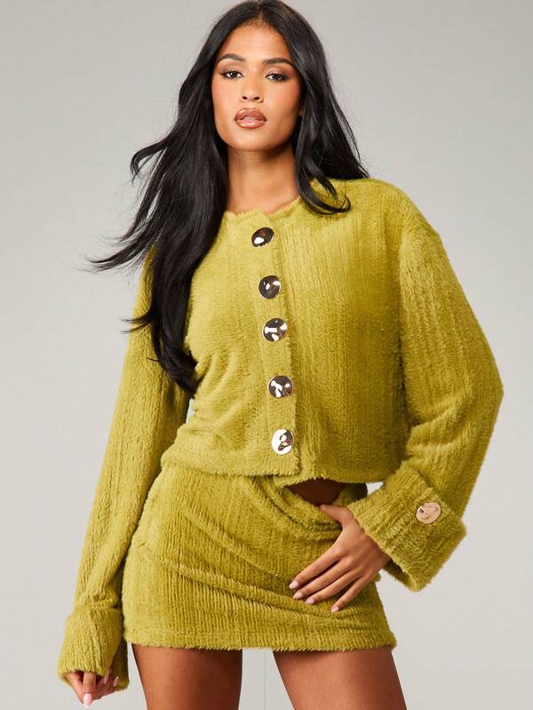 MISSGUIDED Fluffy Knit Button Front Cardigan With Mini Skirt