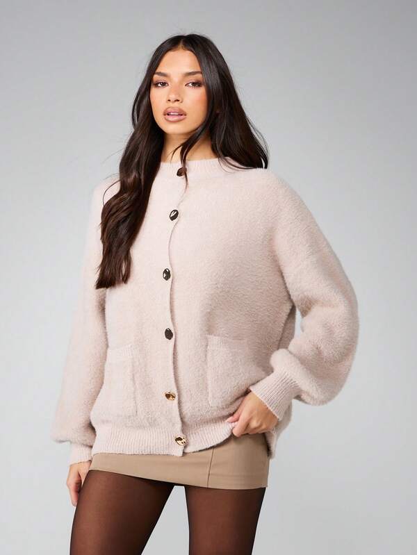 MISSGUIDED Fluffy Knit Cardigan With Gold Buttons