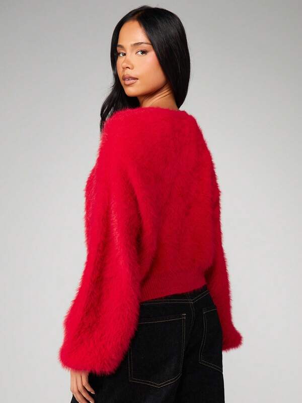 MISSGUIDED Fluffy Knit Cropped Cardigan With Gold Buttons