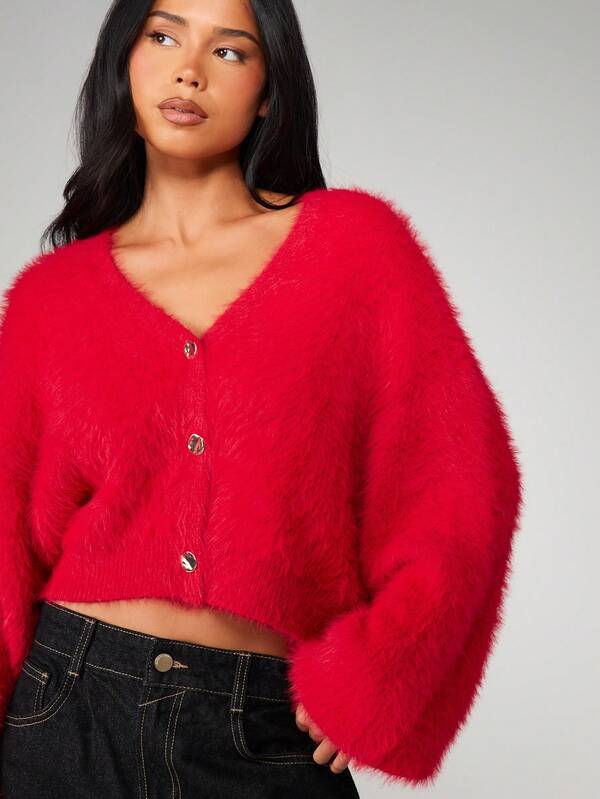 MISSGUIDED Fluffy Knit Cropped Cardigan With Gold Buttons