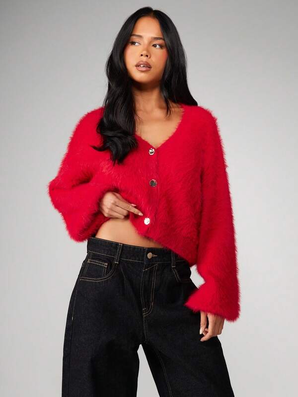 MISSGUIDED Fluffy Knit Cropped Cardigan With Gold Buttons