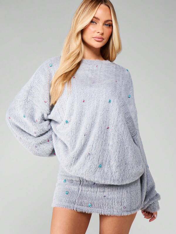 MISSGUIDED Fluffy Knit Jewelled Mini Skirt