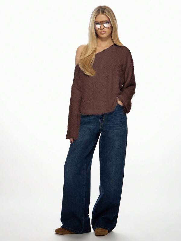 MISSGUIDED Fluffy Knit Off Shoulder Sweater With Bell Sleeves
