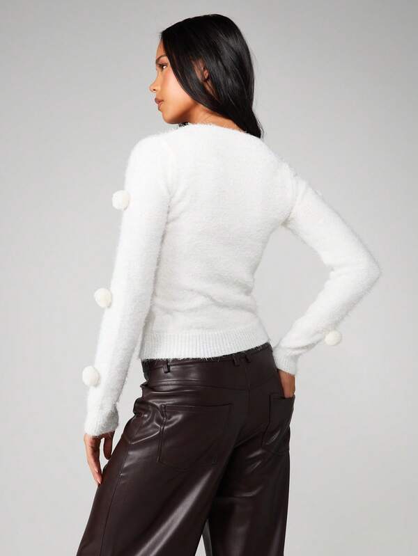 MISSGUIDED Fluffy Knit Sweater With Pom Poms