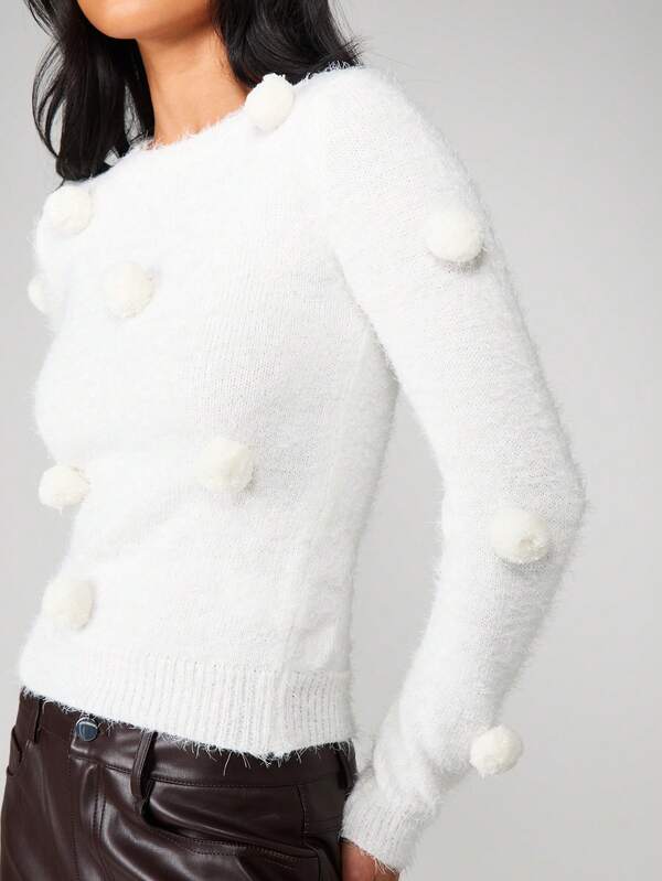 MISSGUIDED Fluffy Knit Sweater With Pom Poms