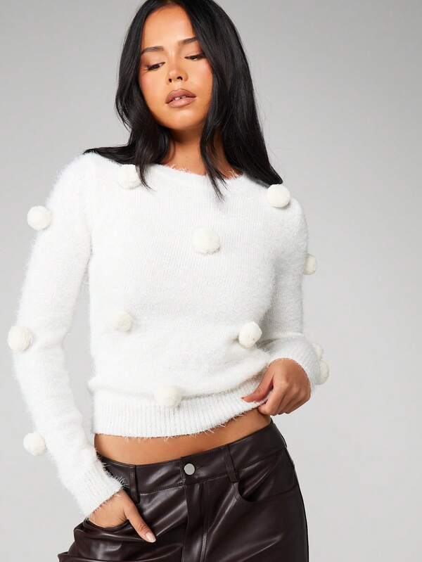 MISSGUIDED Fluffy Knit Sweater With Pom Poms
