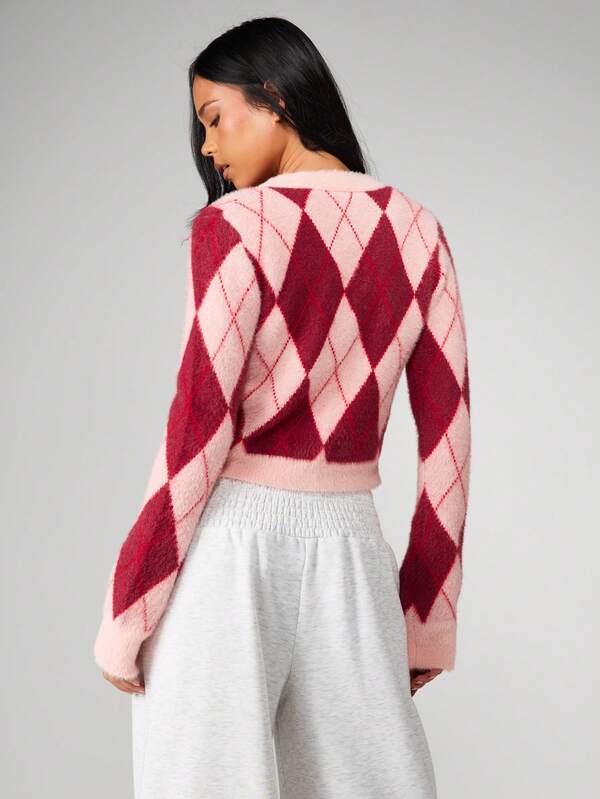 MISSGUIDED Fluffy Knitted Argyle Cardigan With Buttons