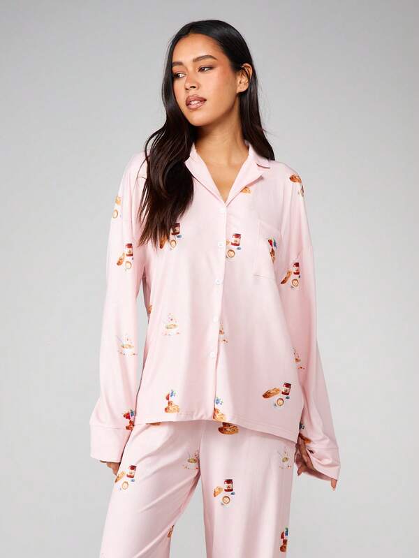MISSGUIDED Food Print Pajama Set With Button Front