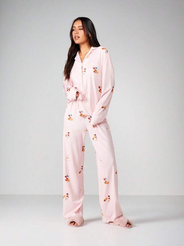 MISSGUIDED Food Print Pajama Set With Button Front