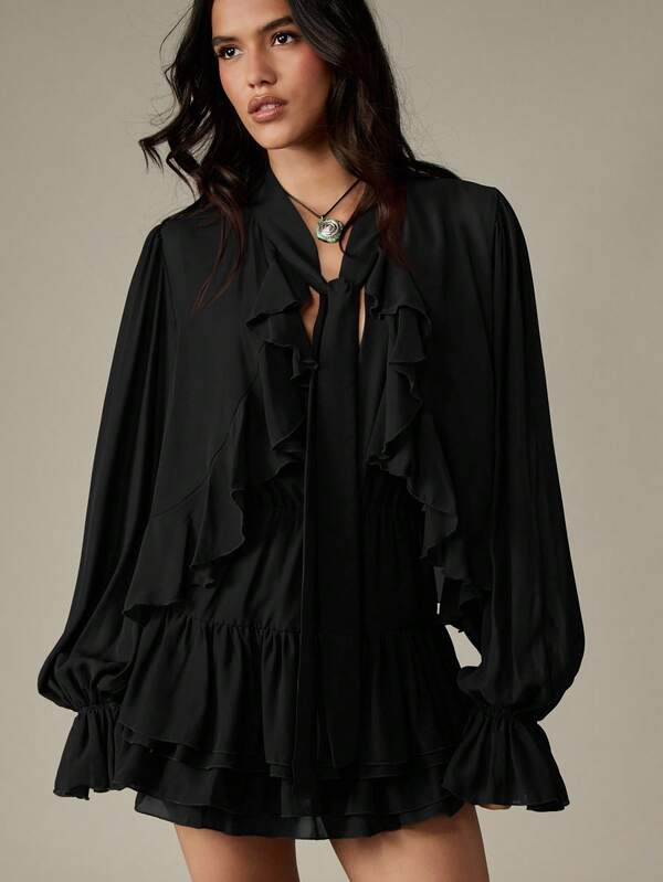 MISSGUIDED Frill Detail Long Sleeve Ruffle Mini Dress