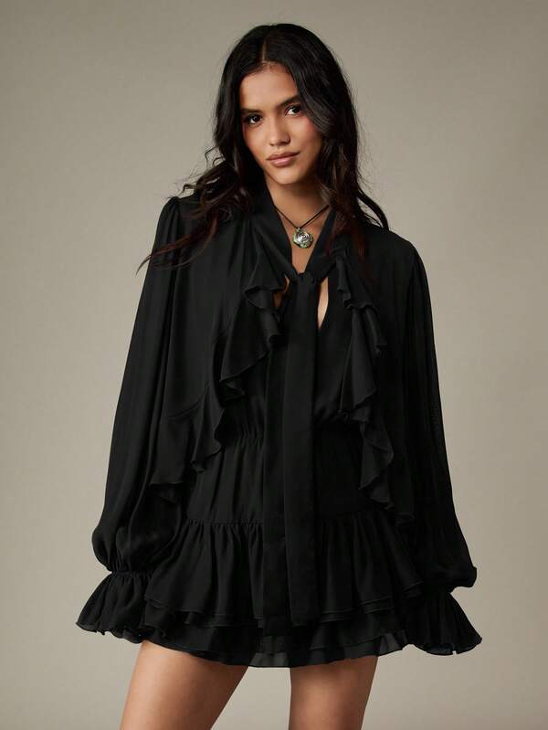 MISSGUIDED Frill Detail Long Sleeve Ruffle Mini Dress