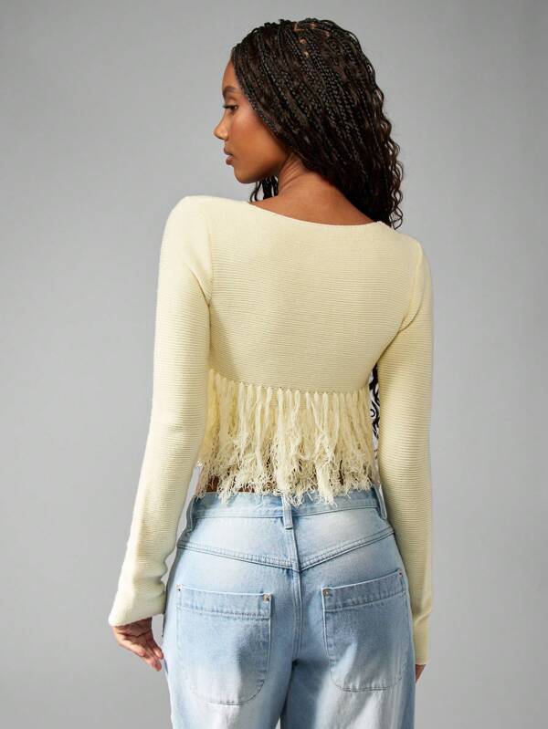 MISSGUIDED Fringe Detail Boho Chic Knitted Button Front Cardigan