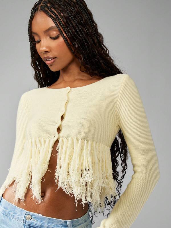 MISSGUIDED Fringe Detail Boho Chic Knitted Button Front Cardigan