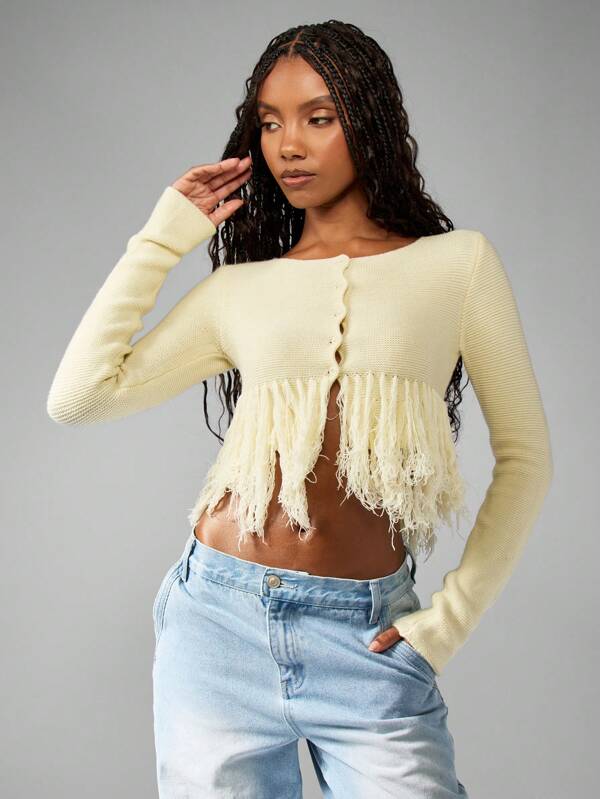 MISSGUIDED Fringe Detail Boho Chic Knitted Button Front Cardigan