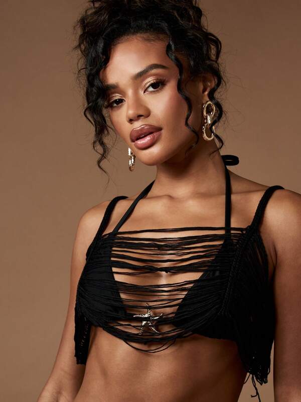 MISSGUIDED Fringe Detail Mini Shorts Crop Top Two Piece Set