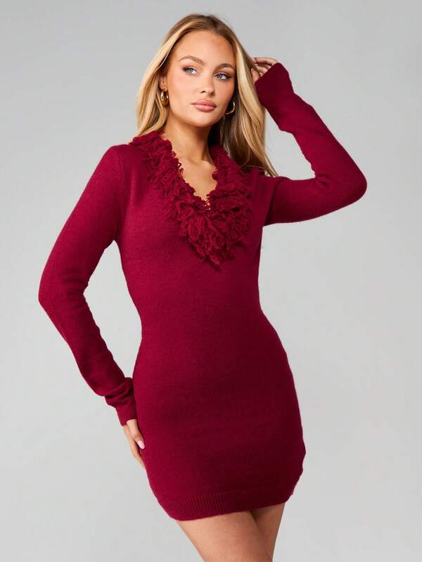 MISSGUIDED Fringe Detail Plunge Neck Sweater Dress