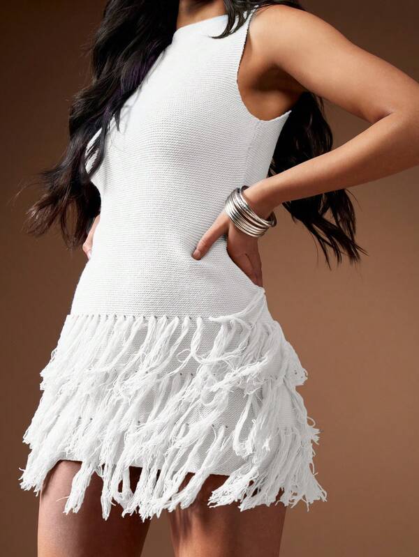 MISSGUIDED Fringe Detailed Hem Sleeveless Mini Dress Cute Sundress