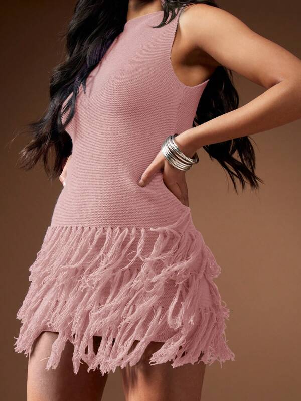 MISSGUIDED Fringe Detailed Hem Sleeveless Mini Dress Cute Sundress