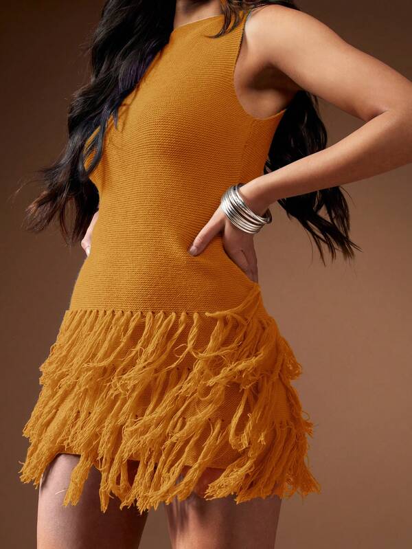 MISSGUIDED Fringe Detailed Hem Sleeveless Mini Dress Cute Sundress